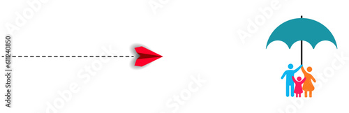 red paper airplane flying to happy family figure.happy family idea concept.
insurance idea.