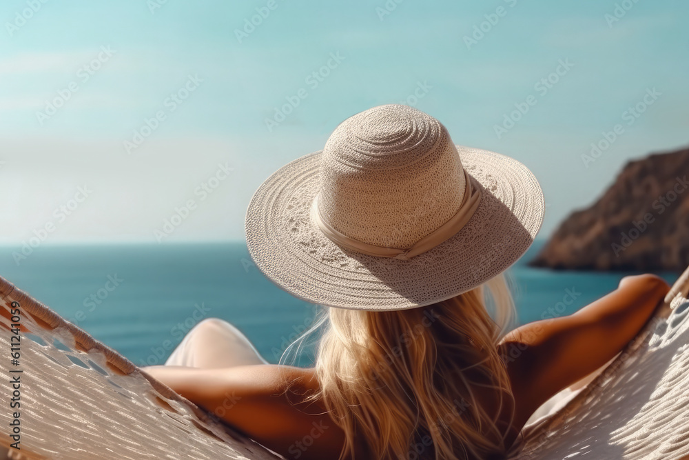 A beautiful girl in a hammock against the backdrop of the sea or ocean, mountains,, beach. View from the back. Summer vacation concept.Generative AI