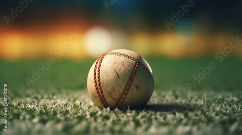 cricket leather ball resting on bat on the stadium pitch. Generative Ai