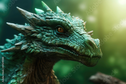 Green wooden dragon against a blurred green background. Mythological  fantastic beast.Symbol of 2024. Chinese New Year. Generative AI.