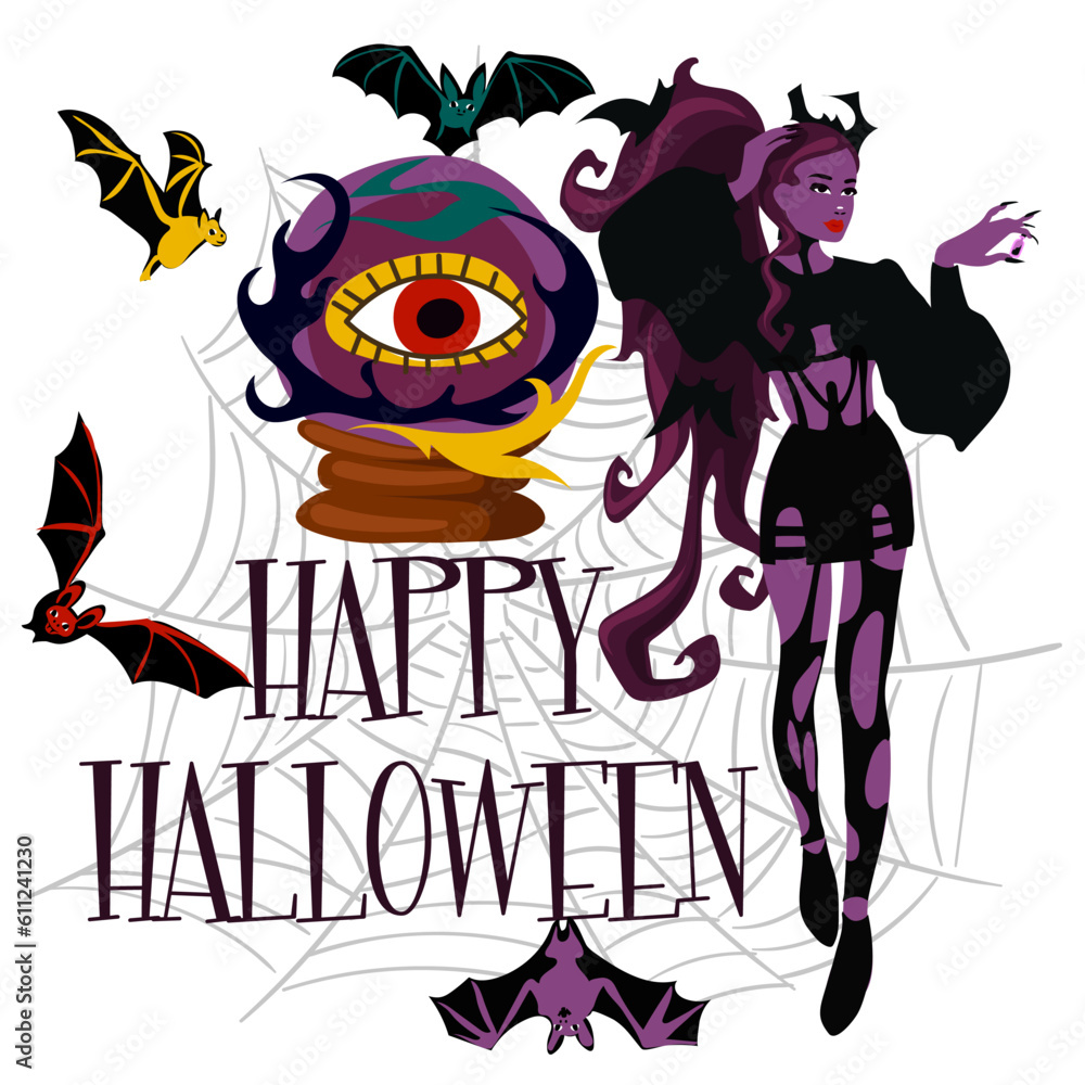 Vector illustration of a witch with bats, a magic ball, a spider web and the inscription Happy Halloween for a party invitation card, poster. Greeting card, banner for the Day of the Dead. Printing Vector illustration of a witch with bats, a magic ball, a spider web and the inscription Happy Halloween for a party invitation card, poster. Greeting card, banner for the Day of the Dead. Printing