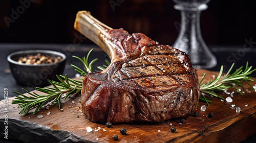 Grilled black angus beef tomahawk steak on bone served with salt, pepper and rosemary on round slate cutting board over dark wooden plank kitchen table. Generative Ai photo