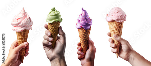 A man holds an ice cream in his hand. Isolated background. Generative AI	
