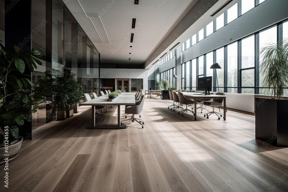 
an office with wood desks and glass walls, in the style of high detailed, grey academia, wood, photo-realistic landscapes, vintage minimalism, light silver and light brown