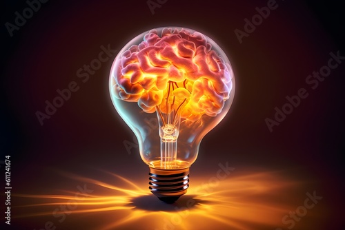 Glowing brain inside a light bulb. symbolizing the fusion of intellect and innovation. creative idea. generative ai
