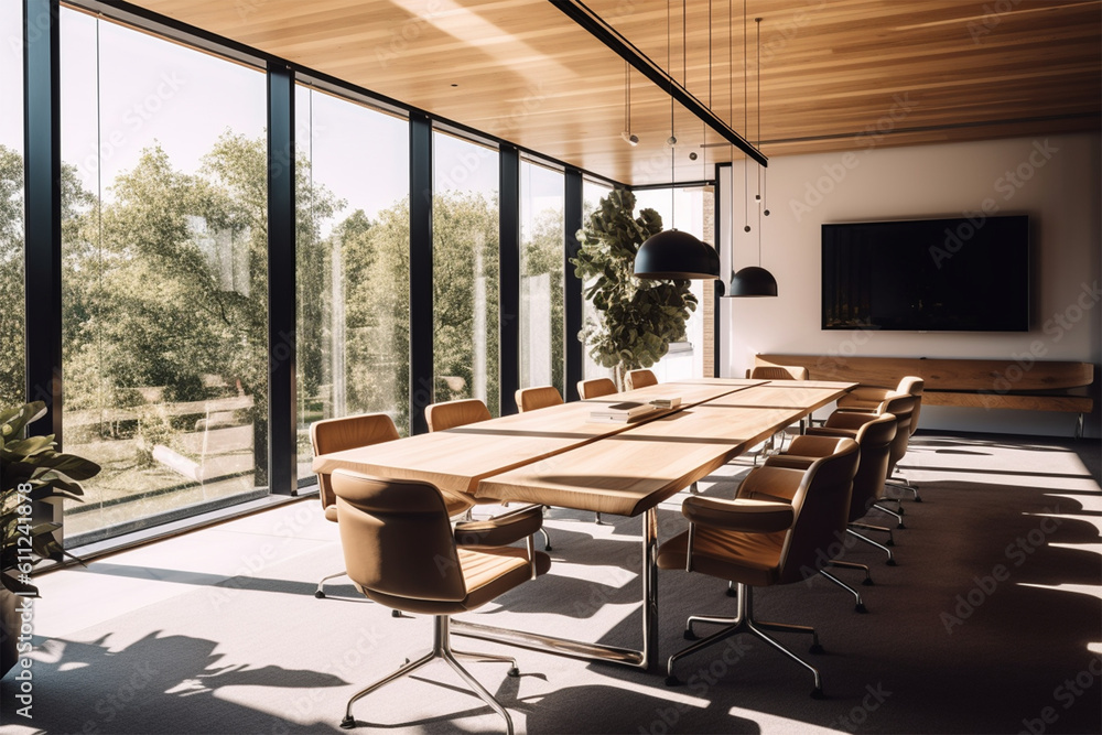 Fototapeta premium an office with wood desks and glass walls, in the style of high detailed, grey academia, wood, photo-realistic landscapes, vintage minimalism, light silver and light brown
