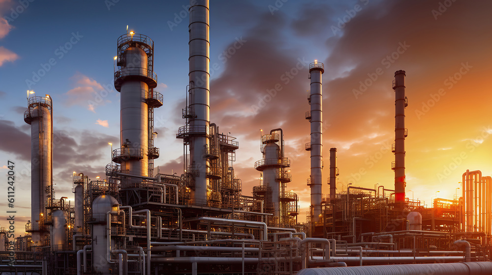 Close up Industrial view at oil refinery plant form industry zone with sunrise and cloudy sky. Generative Ai Close up Industrial view at oil refinery plant form industry zone with sunrise and cloudy sky. Generative Ai