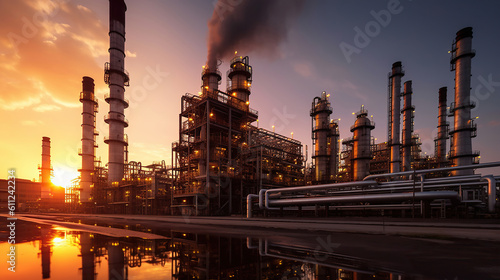 Close up Industrial view at oil refinery plant form industry zone with sunrise and cloudy sky. Generative Ai