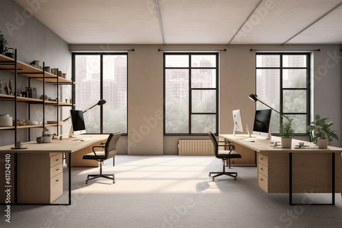  an office with wood desks and glass walls  in the style of high detailed  grey academia  wood  photo-realistic landscapes  vintage minimalism  light silver and light brown