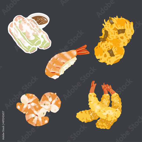 Shrimp spring rolls, ebi nigiri, tempura, drunken shrimp, ukoy. Hand drawn watercolor vector illustration