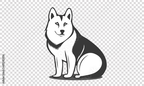 Vector simple monochrome black and white sitting dog. Logo or sticker. Pedigree Alaskan Malamute, Husky or Laika.