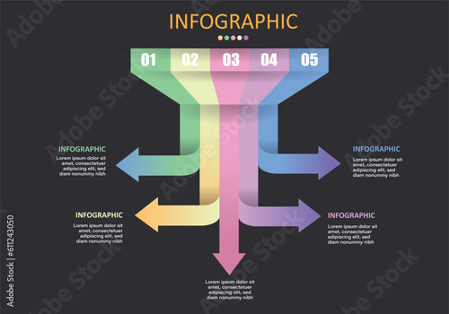 Vector infographic presented on black gray background as 5 numbered arrows with arrowheads showing different directions used in education,finance,management presentations, planning or work direction.