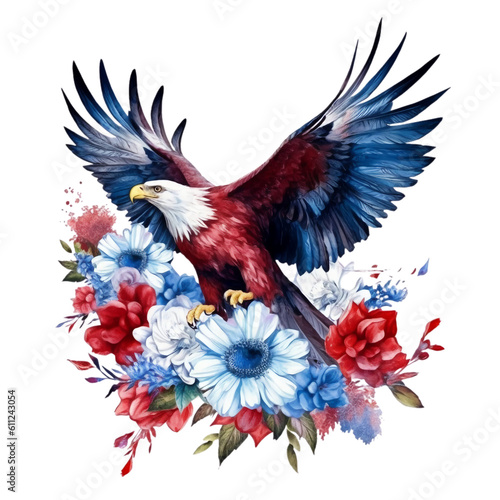 4th of July Floral Eagle Sublimation, 4th of July Watercolor Eagle Clipart. Red, Blue and White Watercolor Flowers, Watercolor Patriotic Clipart