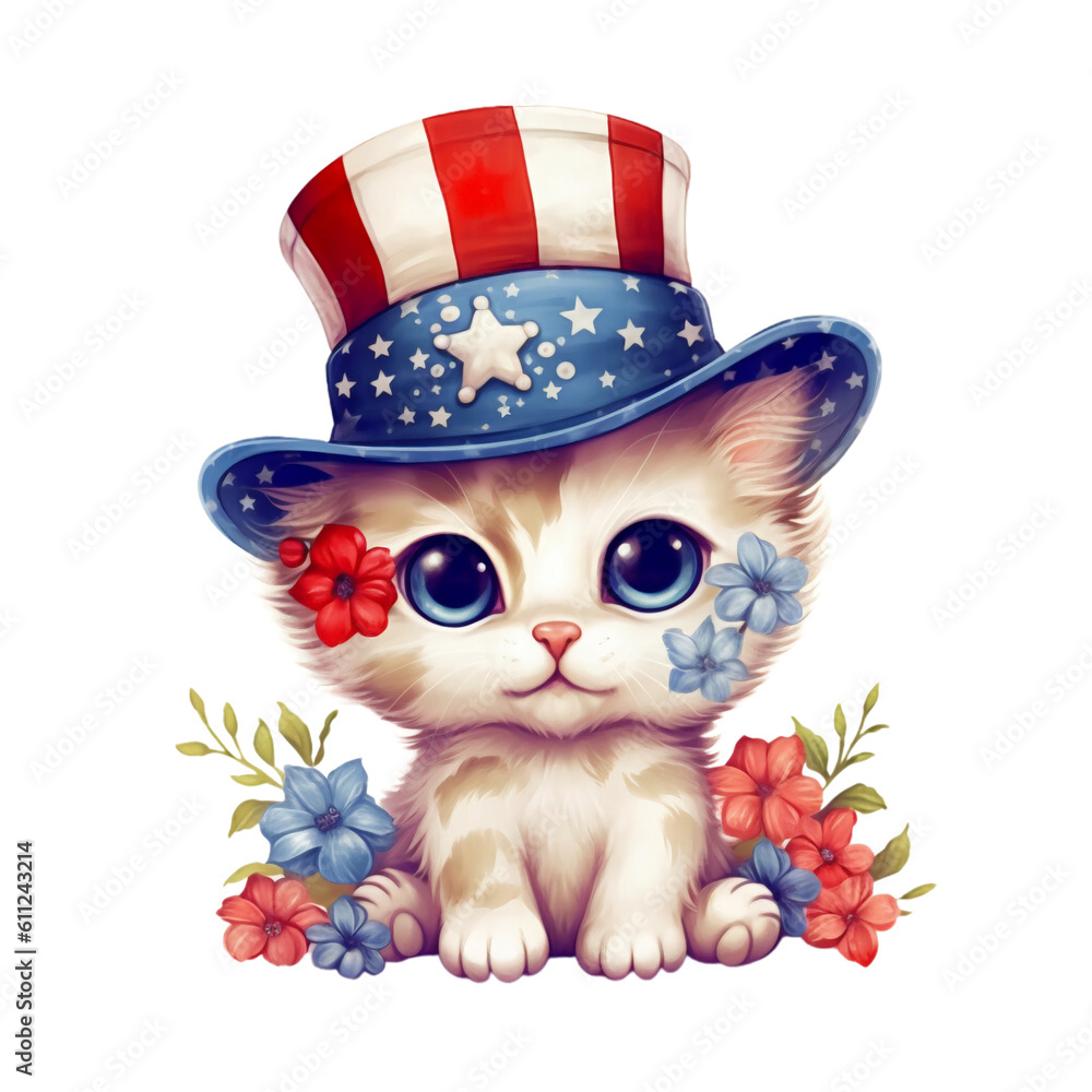 Fototapeta 4th of July Floral Cat Sublimation, 4th of July Watercolor Cat Clipart. Red, Blue and White Watercolor Flowers, Watercolor Patriotic Clipart