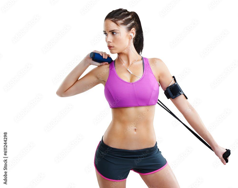 Fitness, jump rope and woman with headphones for workout on isolated, png and transparent background. Sports, wellness and serious female person listening to music for exercise, training and cardio Fitness, jump rope and woman with headphones for workout on isolated, png and transparent background. Sports, wellness and serious female person listening to music for exercise, training and cardio