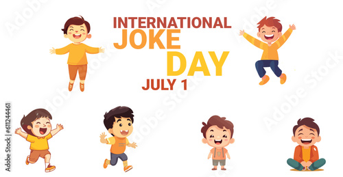 laugh kid or child with bold text isolated on white background. boy and girl. running and jump. playing. to celebrate international joke day on july 1. vector eps set