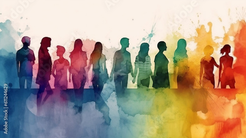 Abstract watercolor illustration of people with rainbow lgbt pride parade concept. Generative ai.