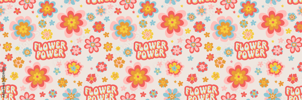 Vector etro groovy psychedelic seamless daisy pattern. Cool bold retro flower illustrations and psychedelic Flower Power lettering background. Positive vibes funky hippie vintage floral digital paper