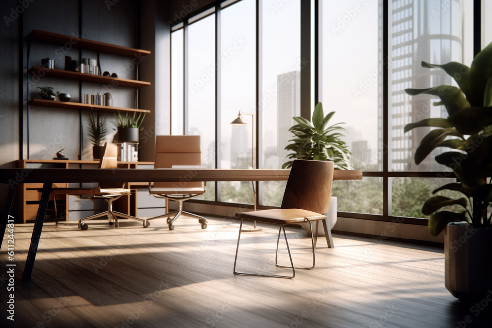 Fototapeta premium an office with wood desks and glass walls, in the style of high detailed, grey academia, wood, photo-realistic landscapes, vintage minimalism, light silver and light brown