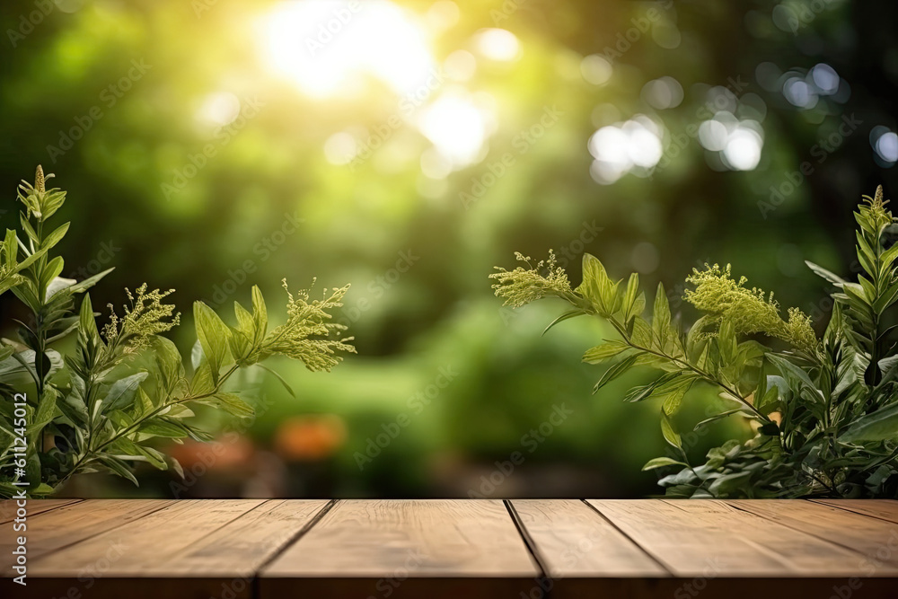 Beautiful sunlight blurred green nature garden background and wooden table, Generative AI