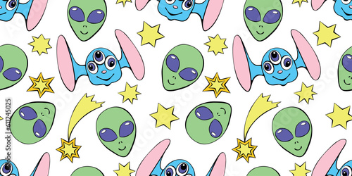 Seamless pattern with funny Aliens heads, stars in doodle flat style. Humanoids, visitors, Martians. Vector cute background, texture on theme of space, UFO, fantastic, kids design