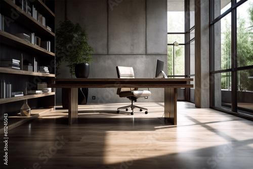  an office with wood desks and glass walls, in the style of high detailed, grey academia, wood, photo-realistic landscapes, vintage minimalism, light silver and light brown © Miracle