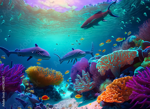 fantasy concept showing a great barrier reef australia a colorful array of underwater wildlife. Generative AI