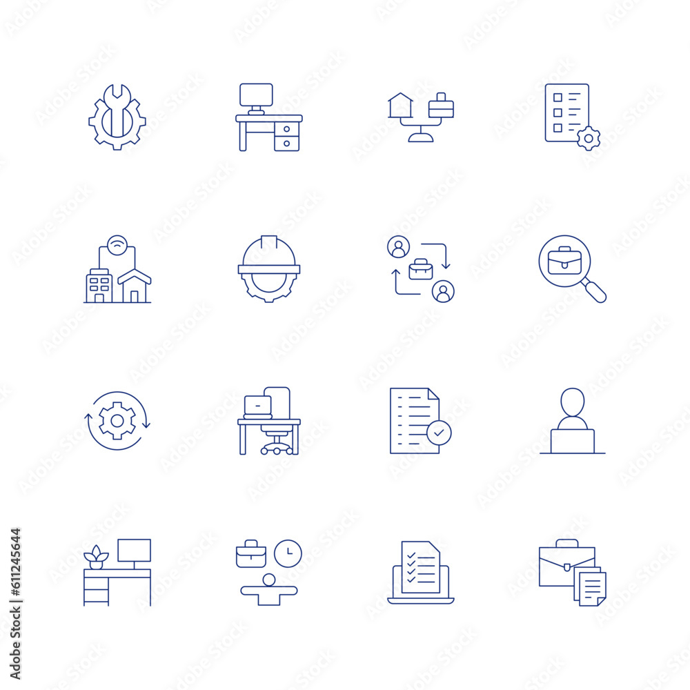 Work line icon set on transparent background with editable stroke. Containing work in progress, work space, balance, evaluation, work from home, hard hat, shift, job search, arrows, workplace.