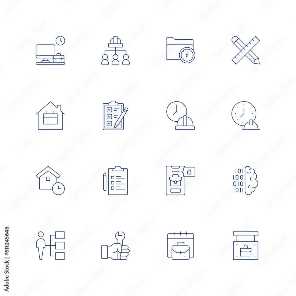Work line icon set on transparent background with editable stroke. Containing working, work team, working time, work in progress, working at home, checklist, working hours, check, phone, brain.