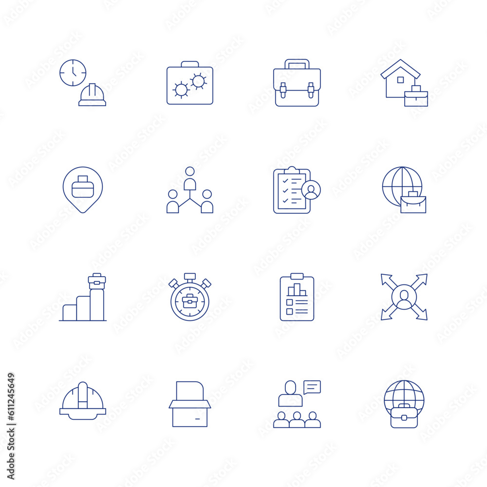 Work line icon set on transparent background with editable stroke. Containing working hours, work in progress, briefcase, working at home, pin, networking, checklist, worldwide, job promotion.
