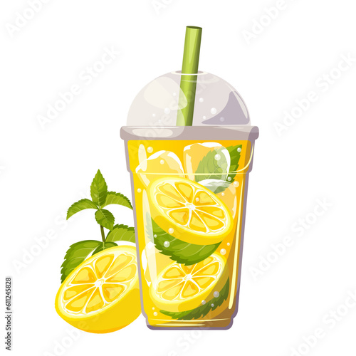Lemonade with lemon.Summer, cold drink with lemon slices, mint and ice in a plastic cup.Vector illustration.