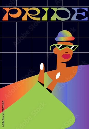 LGBT+ Pride design. rainbow community pride month. Love, freedom, support, peace. A poster with an LGBT rainbow font in which a gay hipster shows a symbol of peace. Stroke illustration for social.