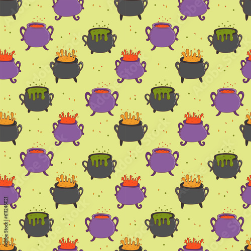 Halloween witches cauldron with poison potion seamless pattern. Trick or treat concept. Flat vector illustration in hand drawn style