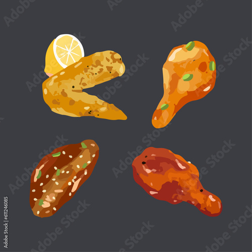 Korean style fried chicken.Suitable for meals and snacks. Hand drawn watercolor vector illutration