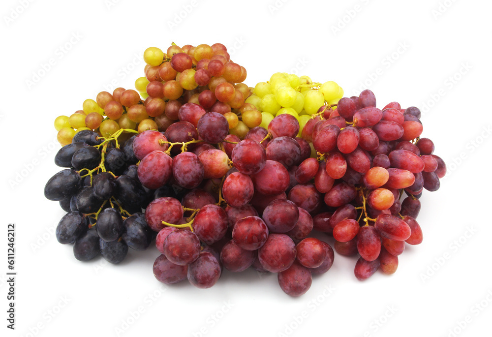 Heap of different kinds of grapes isolated on white background.