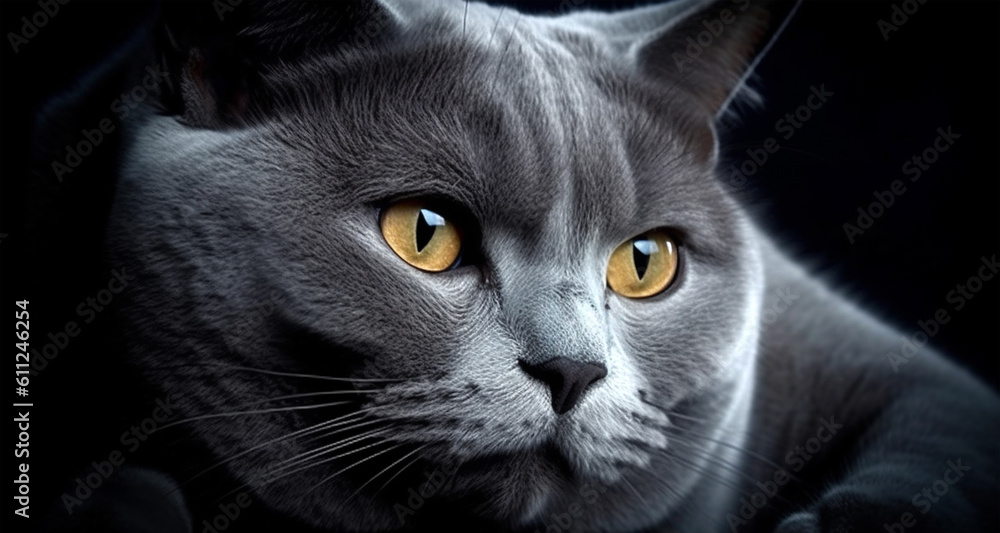 Portrait of a British short-haired cat on a dark background, pets