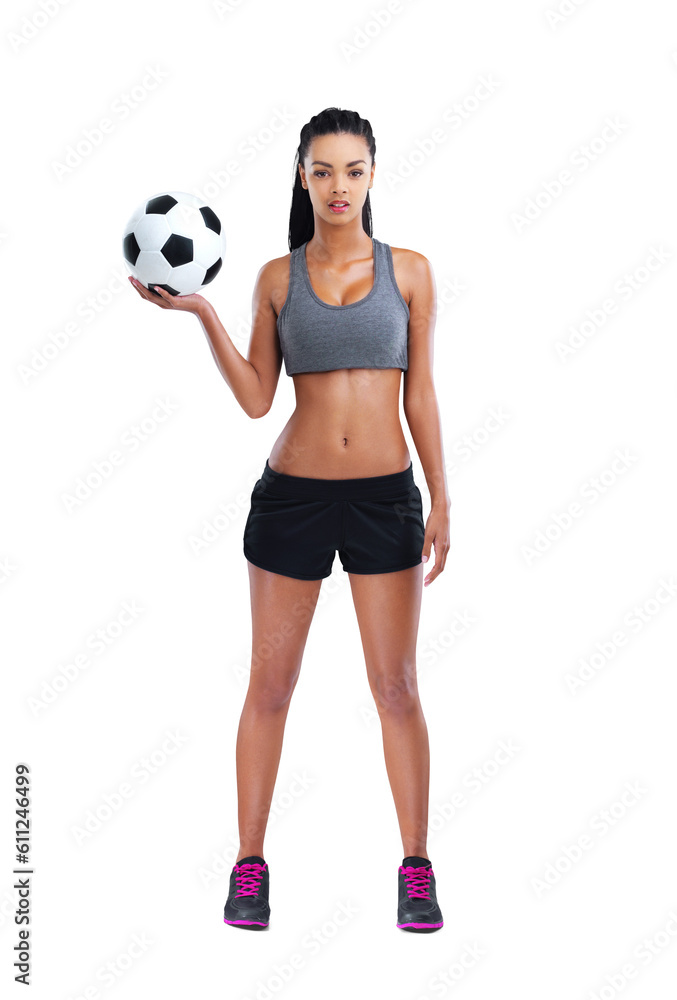 Soccer, fitness and portrait of a woman with a ball on isolated, transparent and png background. Football, coach and face of female trainer ready for sports, training and healthy lifestyle motivation Soccer, fitness and portrait of a woman with a ball on isolated, transparent and png background. Football, coach and face of female trainer ready for sports, training and healthy lifestyle motivation