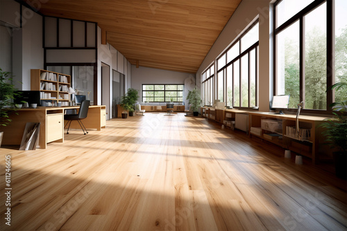  an office with wood desks and glass walls  in the style of high detailed  grey academia  wood  photo-realistic landscapes  vintage minimalism  light silver and light brown