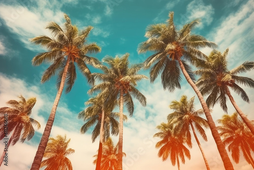 Palm trees against blue sky, Palm trees at tropical coast, vintage toned and stylized, coconut tree,summer tree ,retro, Generative AI
