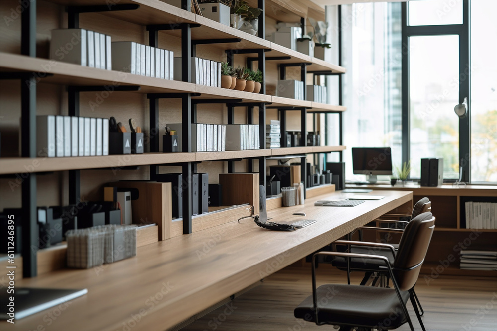 
an office with wood desks and glass walls, in the style of high detailed, grey academia, wood, photo-realistic landscapes, vintage minimalism, light silver and light brown