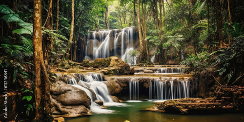Panoramic beautiful deep forest waterfall in Thailand, Generative AI © Sasint