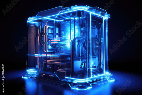 Blue power gaming computer desktop model - AI generative