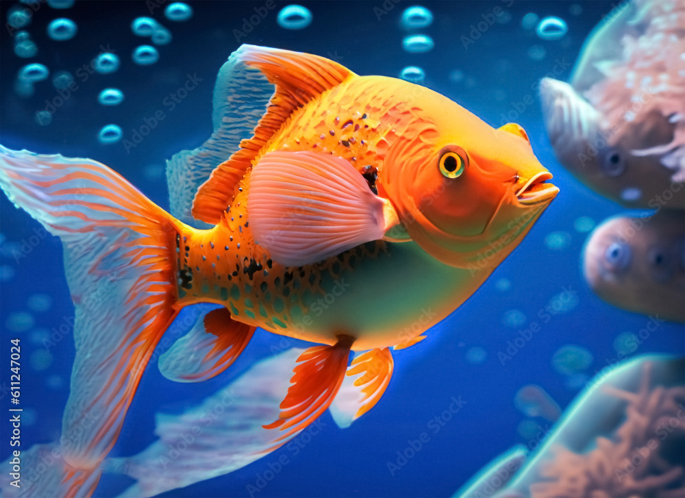 orange fish swim in a blue aquarium. Closeup. Generative AI