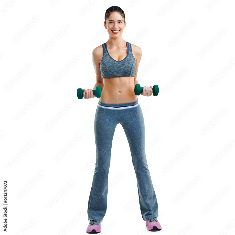 Woman, fitness and smile portrait with dumbbell and smile isolated on a transparent, png background. Female person, workout and healthy model body feeling happy with exercise and weight training Woman, fitness and smile portrait with dumbbell and smile isolated on a transparent, png background. Female person, workout and healthy model body feeling happy with exercise and weight training