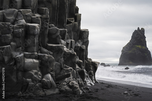 Reynisfjara beach with the famous basalt rocks in the south of iceland near vik i myrdal in summer