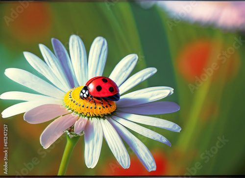red ladybug on camomile flower ladybird creeps on stem of plant in spring in garden in summer. Generative AI