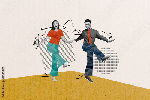 Tableau sur toile Party invitation collage of two youngsters students couple have fun careless boo