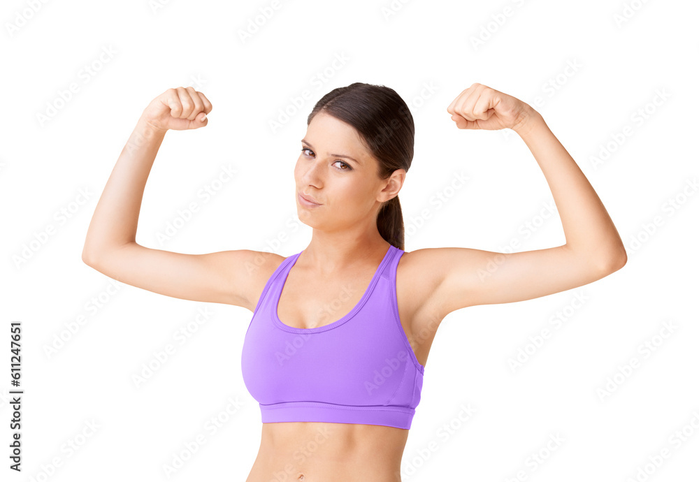 Training, arm flex and woman portrait with strength workout isolated on a transparent, png background. Fitness, exercise and young female person with health and wellness from sport and gym session Training, arm flex and woman portrait with strength workout isolated on a transparent, png background. Fitness, exercise and young female person with health and wellness from sport and gym session