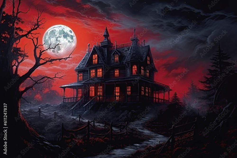 halloween night scene with a haunted mansion, blood red sky and ominous clouds, Generative AI