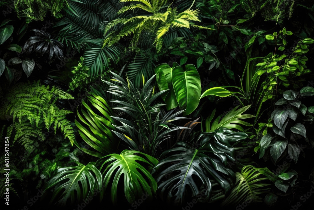 Tropical rainforest foliage plants bushes (ferns, palm, philodendrons, and tropic plants leaves) in tropical garden on black background, green, Generative AI